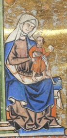 圣母玛利亚和耶稣身穿蓝色衣服。法国，巴黎，约 1244-1254 年。MS M.638 fol. 42v
