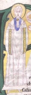 身穿 bliaut 上衣并内衬长袖衬衣的女子，约 1125-1130 年