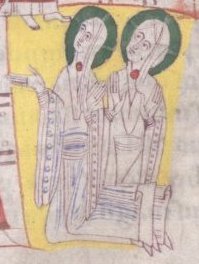 身穿 bliaut 上衣并内衬长袖衬衣的女子，约 1125-1130 年