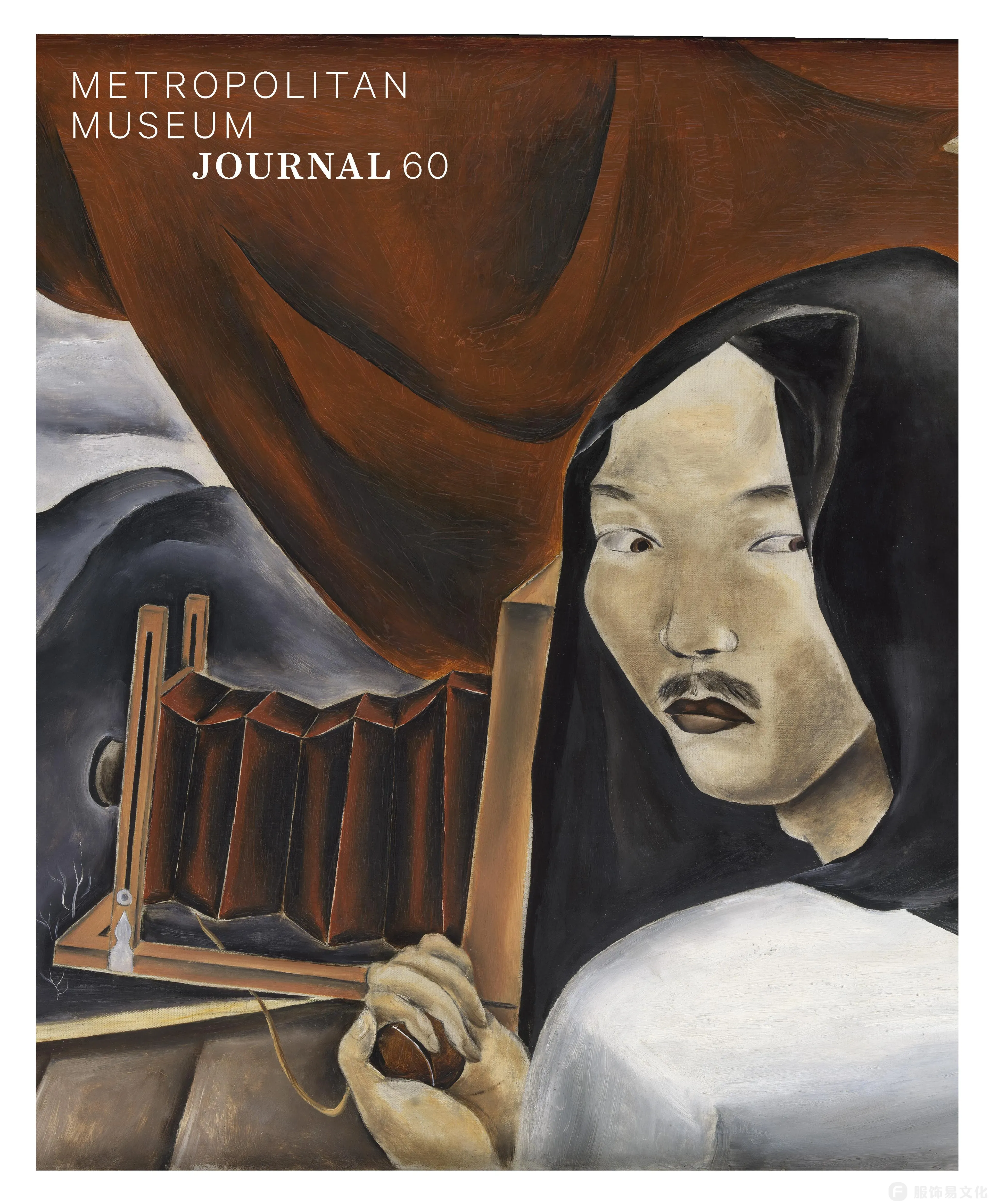 Stylized painting showing a photographer operating a large wooden bellows camera, set against a backdrop of draped reddish-brown fabric and abstract gray forms.