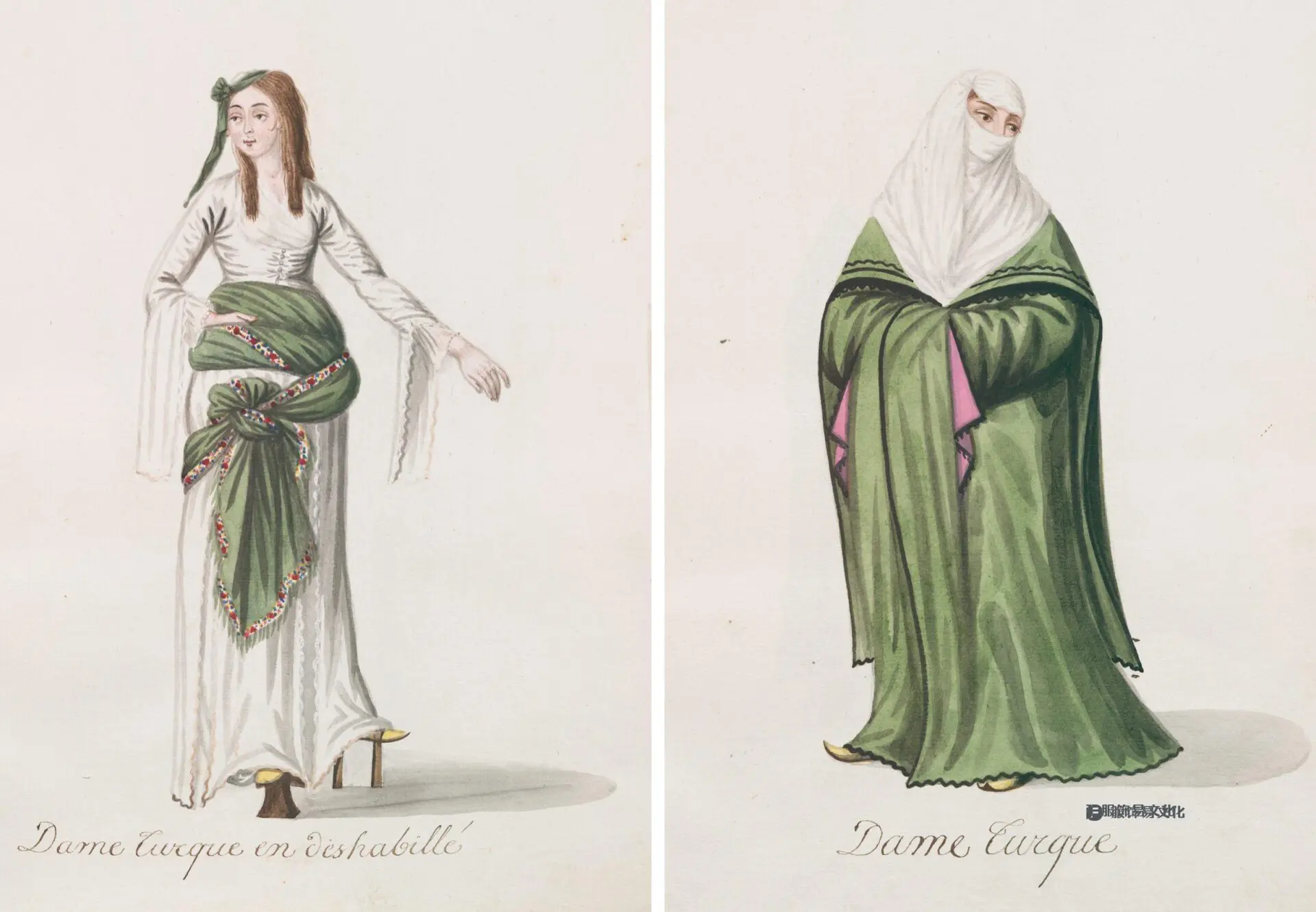 一个穿着高跟浴鞋的女人，一个蒙着面纱的土耳其女人露出一缕秀发。