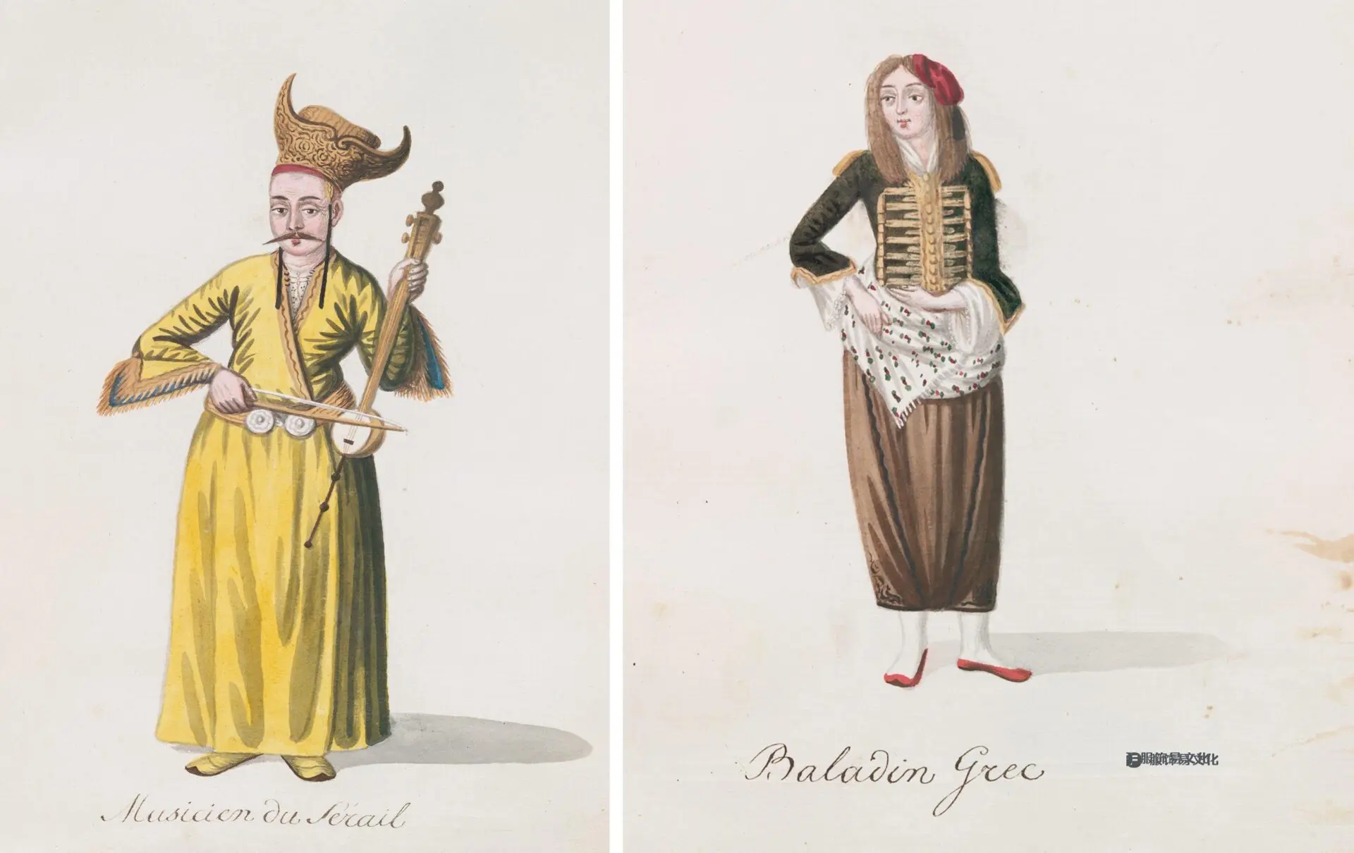 一位演奏 <em>rebab</em> 或尖提琴的音乐家，以及一位希腊女孩。