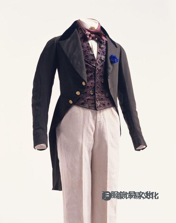 1830年代羊毛燕尾服、棉质斜纹长裤、剪绒图案背心。（京都服装学院）