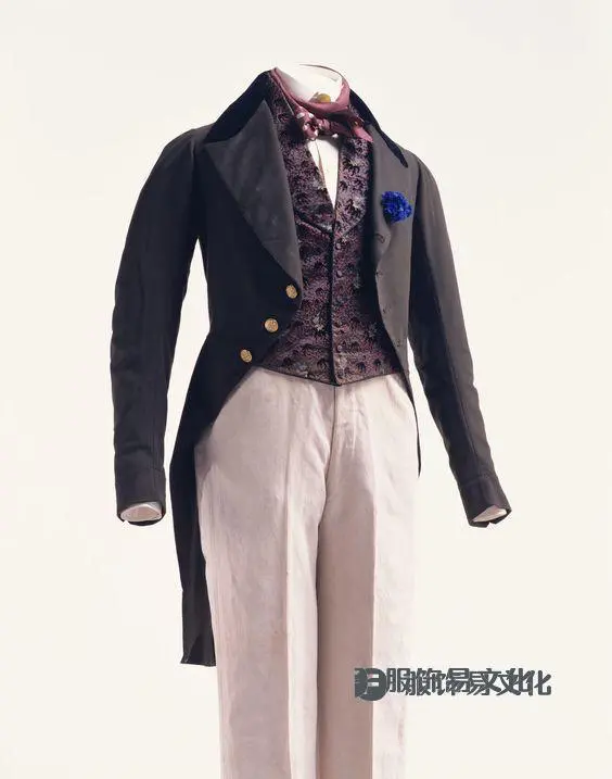 1830年代羊毛燕尾服、棉质斜纹长裤、剪绒图案背心。（京都服装学院）