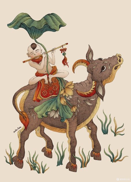 牧童，孩子，牛图案